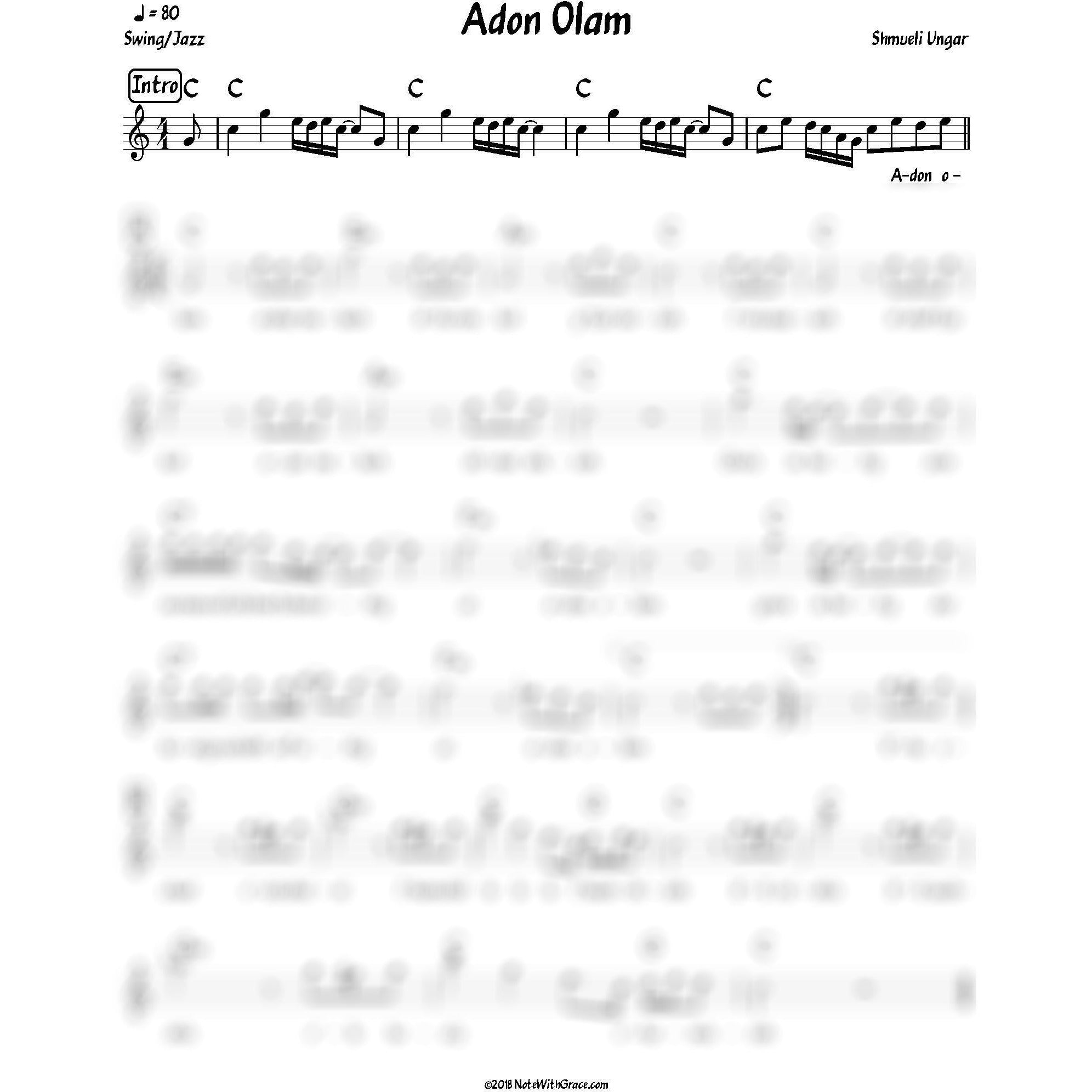 Adon Olam Lead Sheet (Shmueli Ungar) Album: Mach A Bracha-Sheet music-NoteWithGrace.com