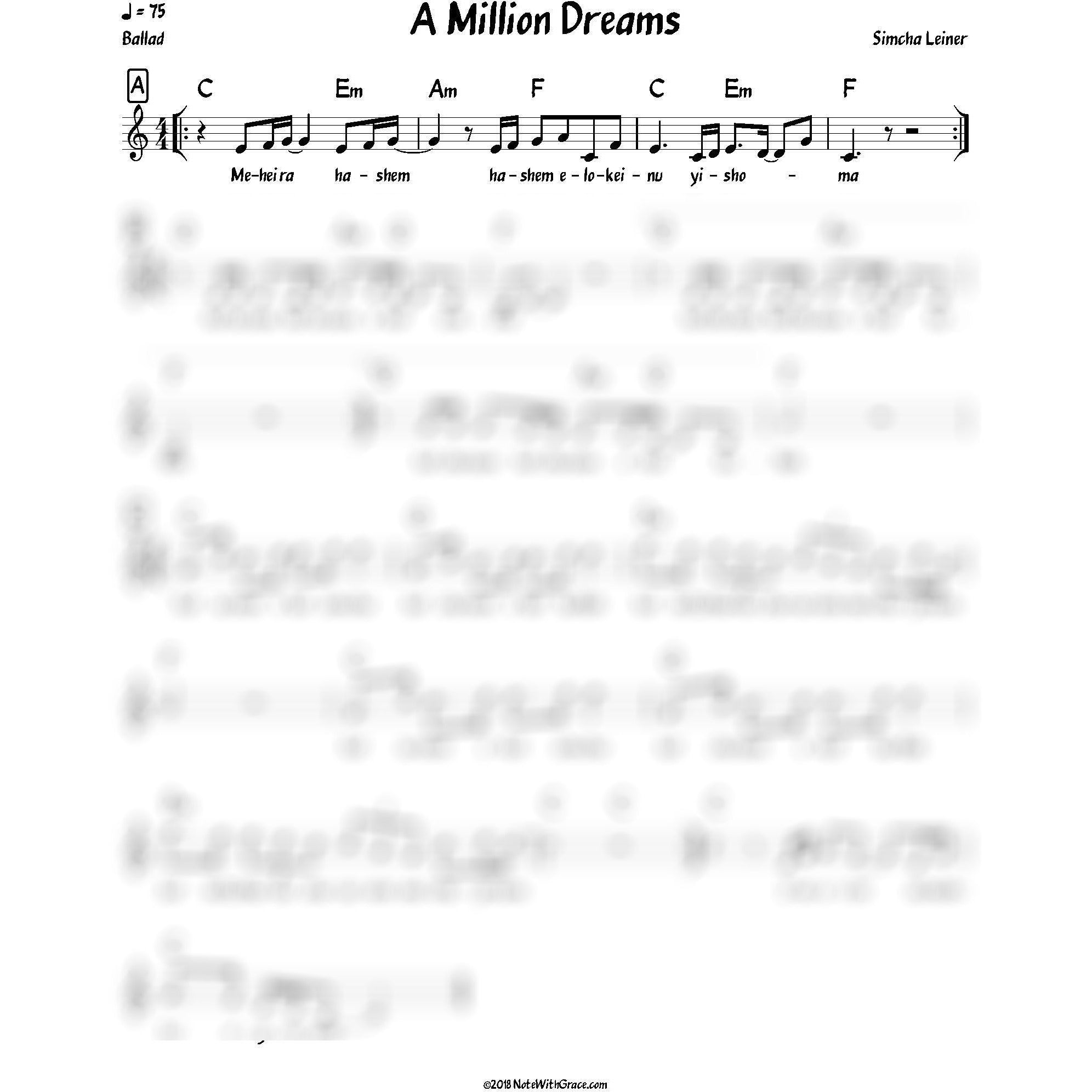 A Million Dreams Lead Sheet (Simchah Leiner) The Greatest Chuppah-Sheet music-NoteWithGrace.com