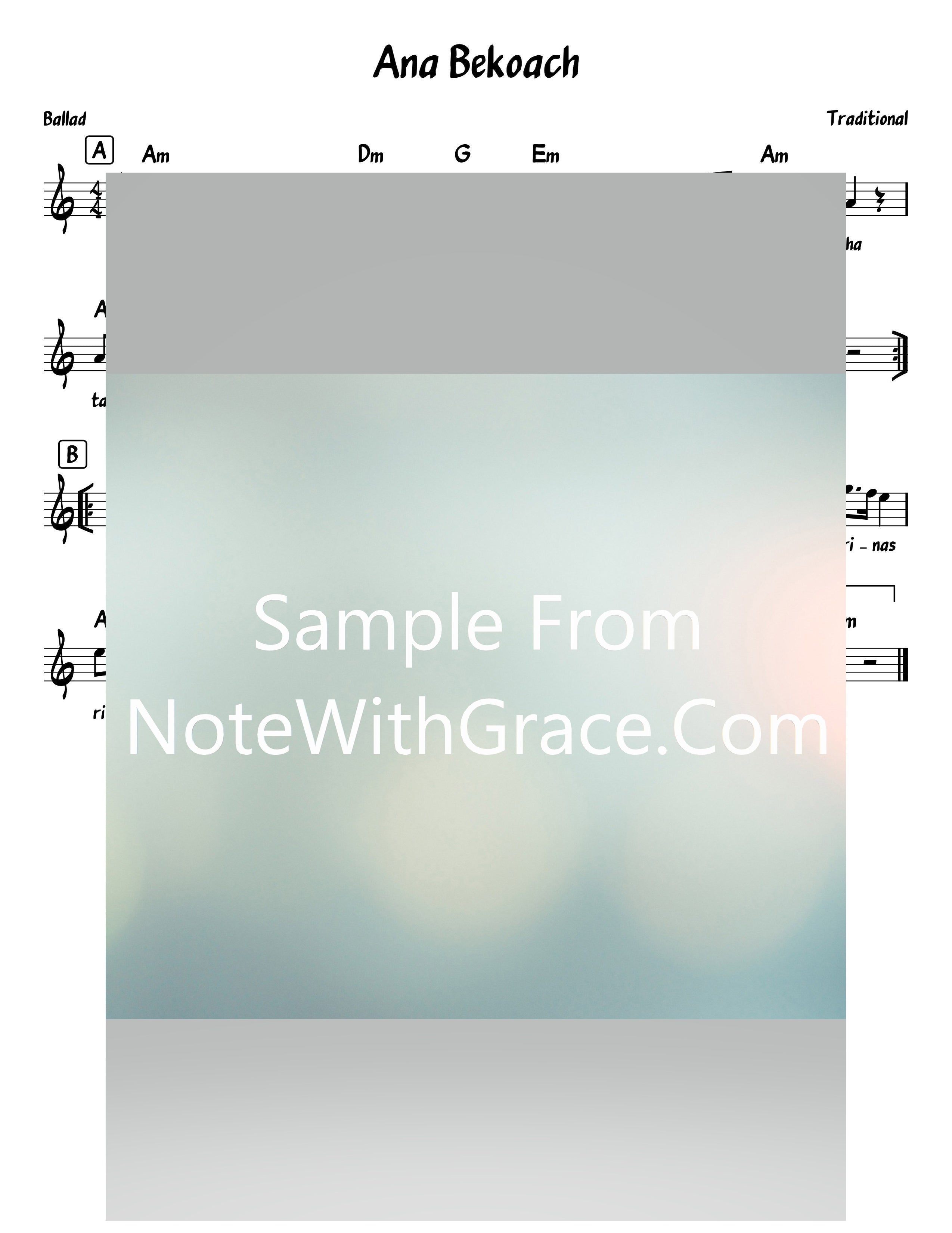 Ana Bekoach - אנא בכח Lead Sheet (Traditional Chanukah)-Sheet music-NoteWithGrace.com
