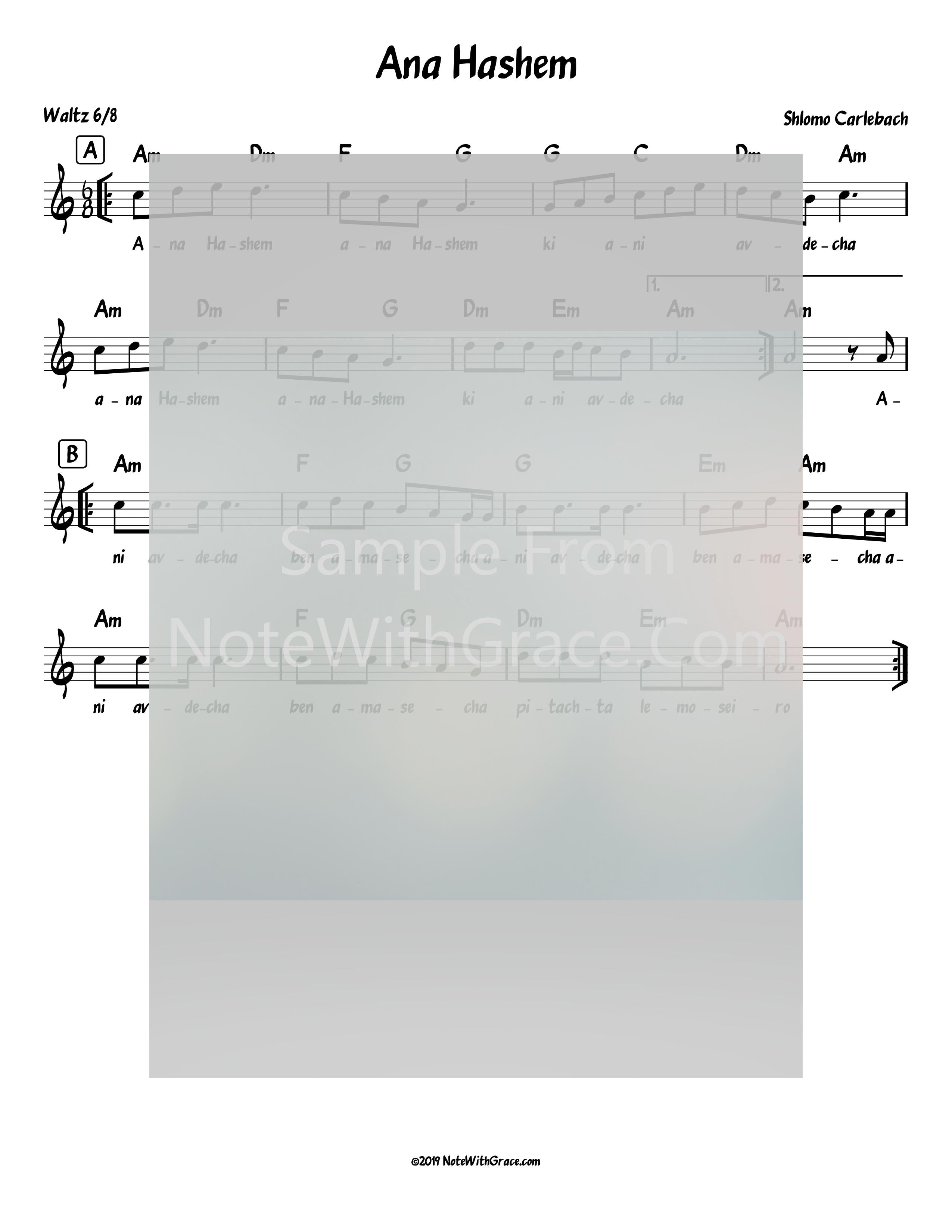 Ana Hashem Lead Sheet (Shlomo Carlbach)-Sheet music-NoteWithGrace.com