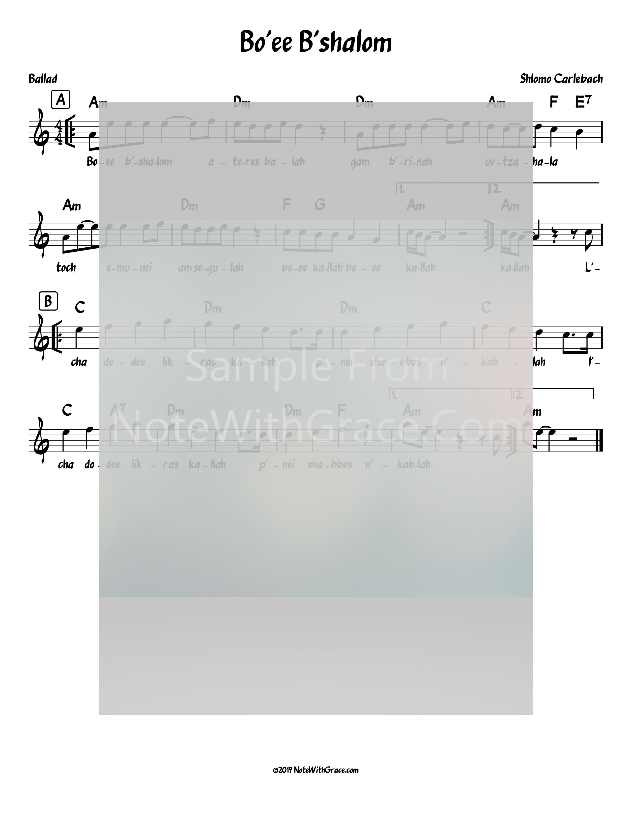 Bo'ee B'shalom Lead Sheet (Shlomo Carlebach)-Sheet music-NoteWithGrace.com