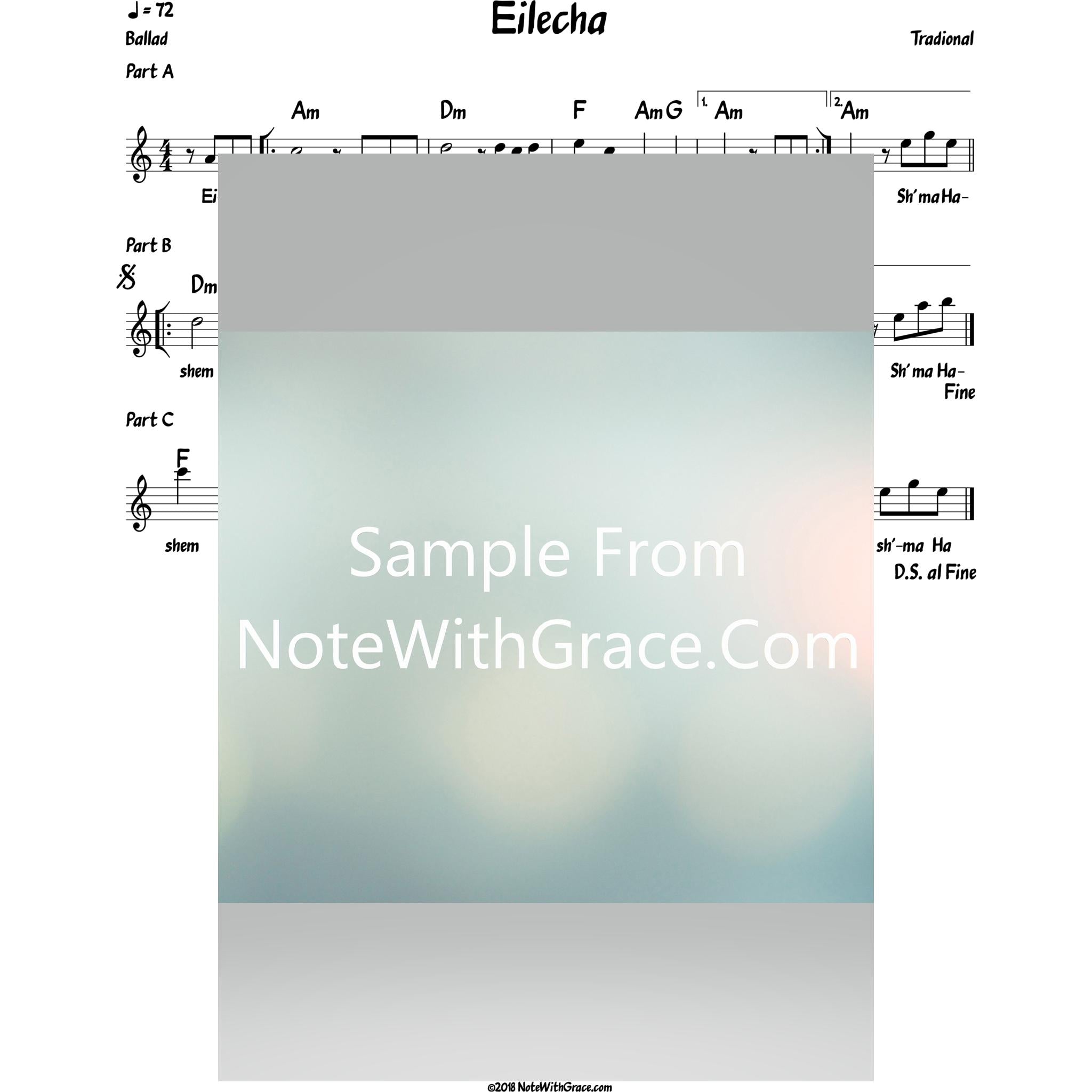 Eilecha Lead Sheet (Shlomo Carlbach)-Sheet music-NoteWithGrace.com