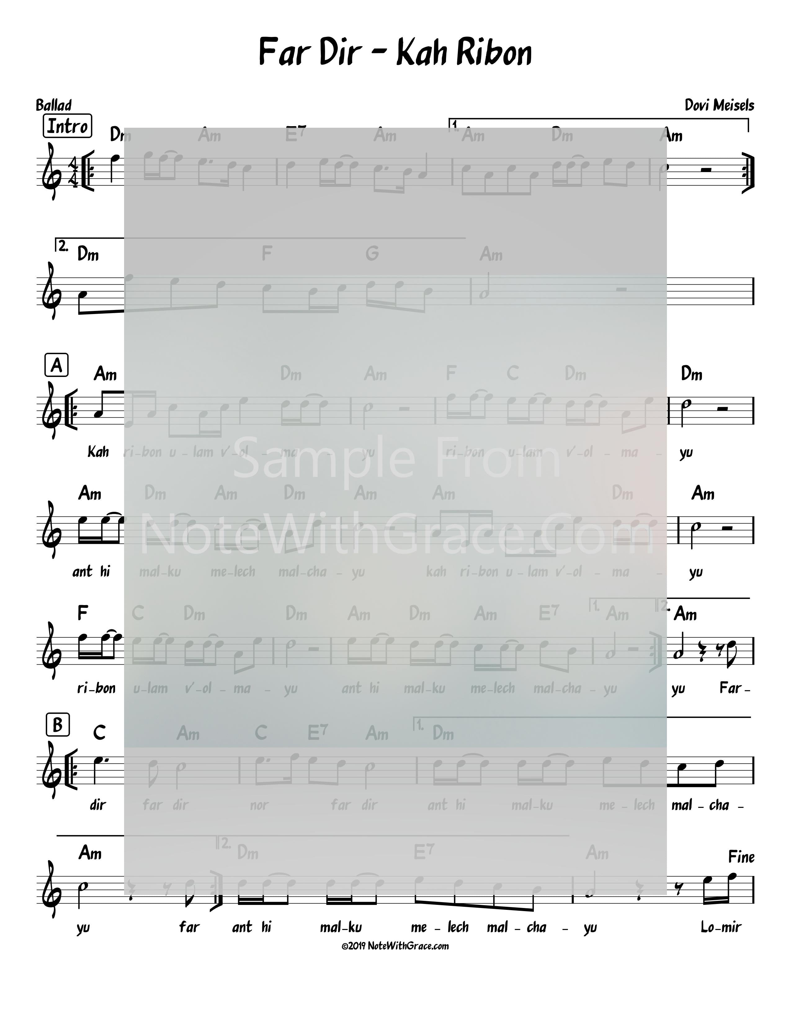 Far Dir - Kah Ribon Ulam Lead Sheet (Dovi Meisels) Album: Ahrele Released 2018-Sheet music-NoteWithGrace.com