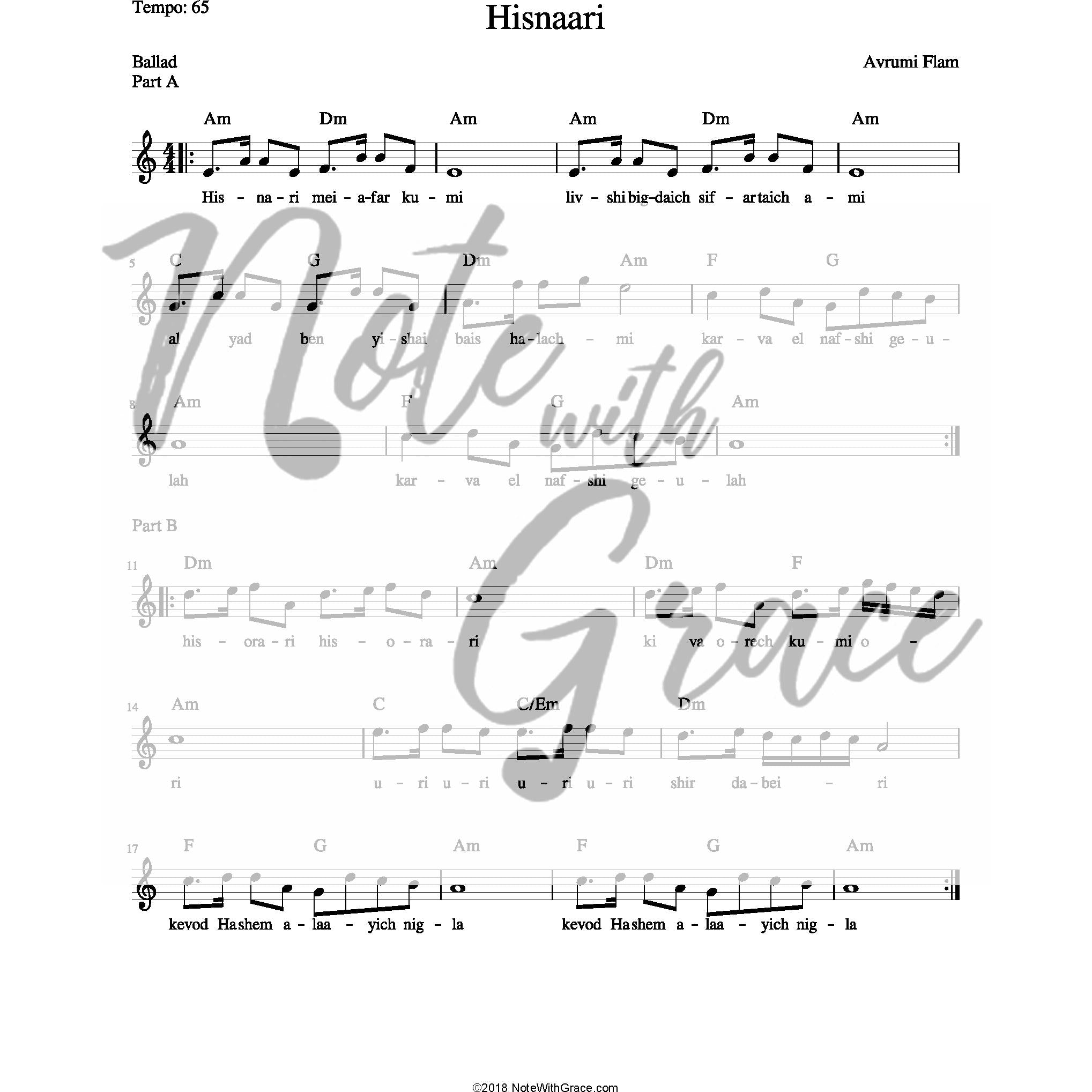 Hisnaari Lead Sheet (Avrumi Flamm)-Sheet music-NoteWithGrace.com