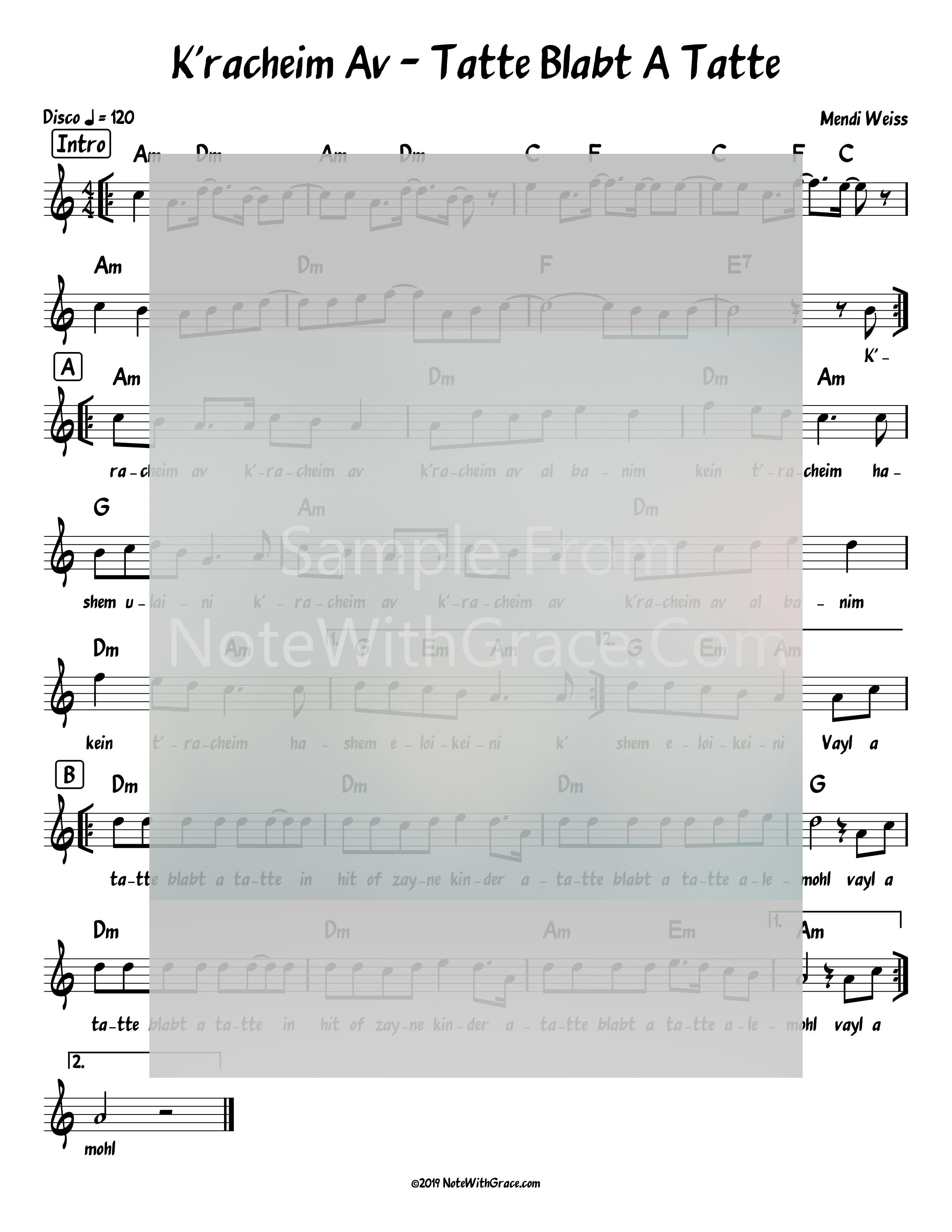 K'racheim Av - A Tatte Blabt A Tatte Lead Sheet (Mendy Weiss) Single: 2015-Sheet music-NoteWithGrace.com