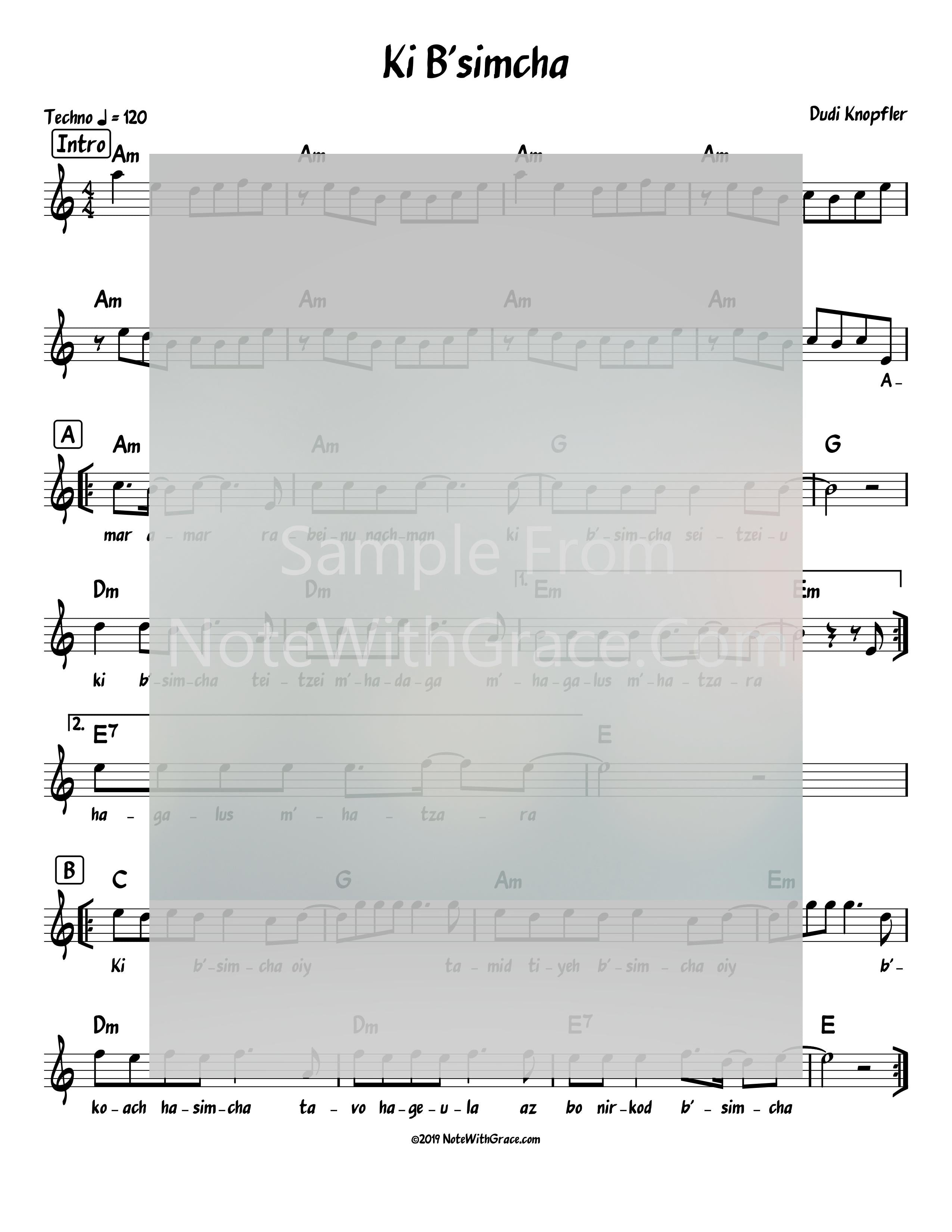 Ki B'simcha Lead Sheet (Dudi Knopfler) Single Released 2019-Sheet music-NoteWithGrace.com