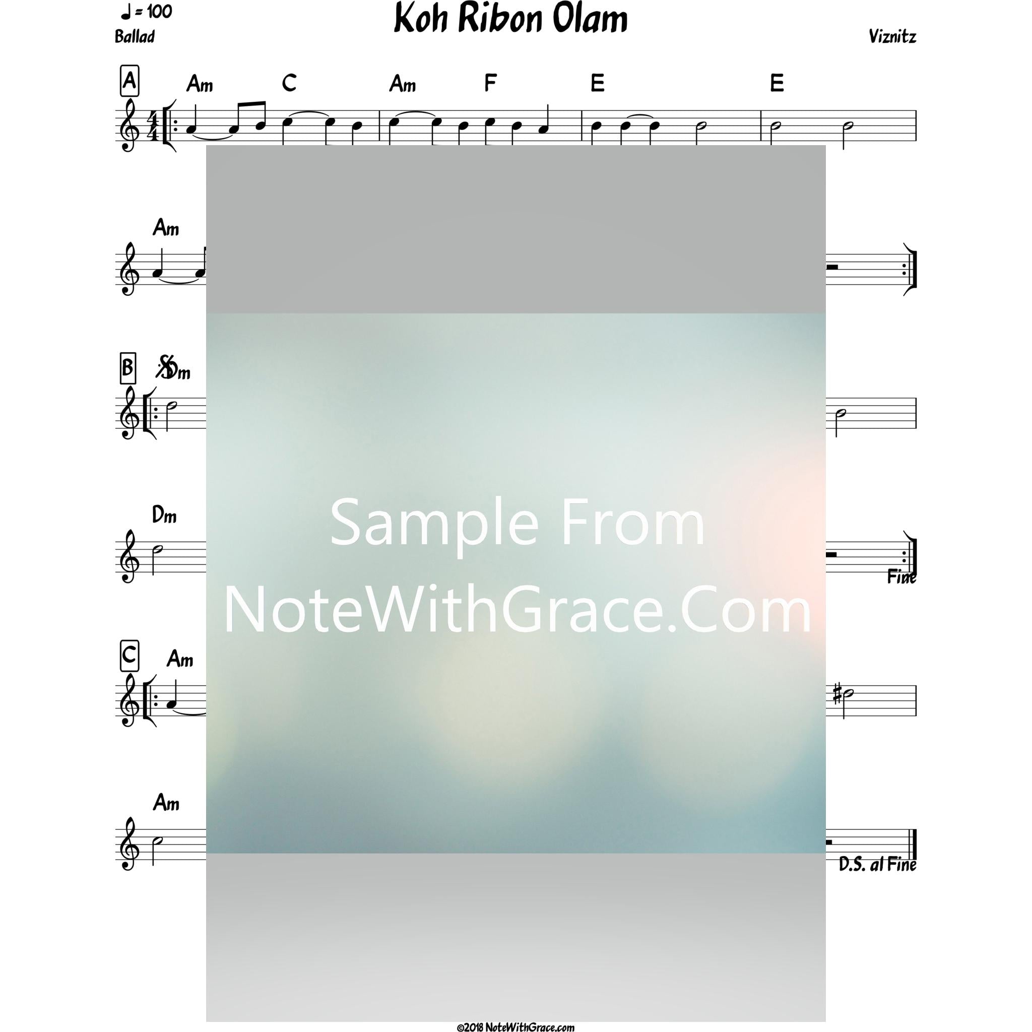 Koh Ribon Olam Lead Sheet (Viznitz)-Sheet music-NoteWithGrace.com