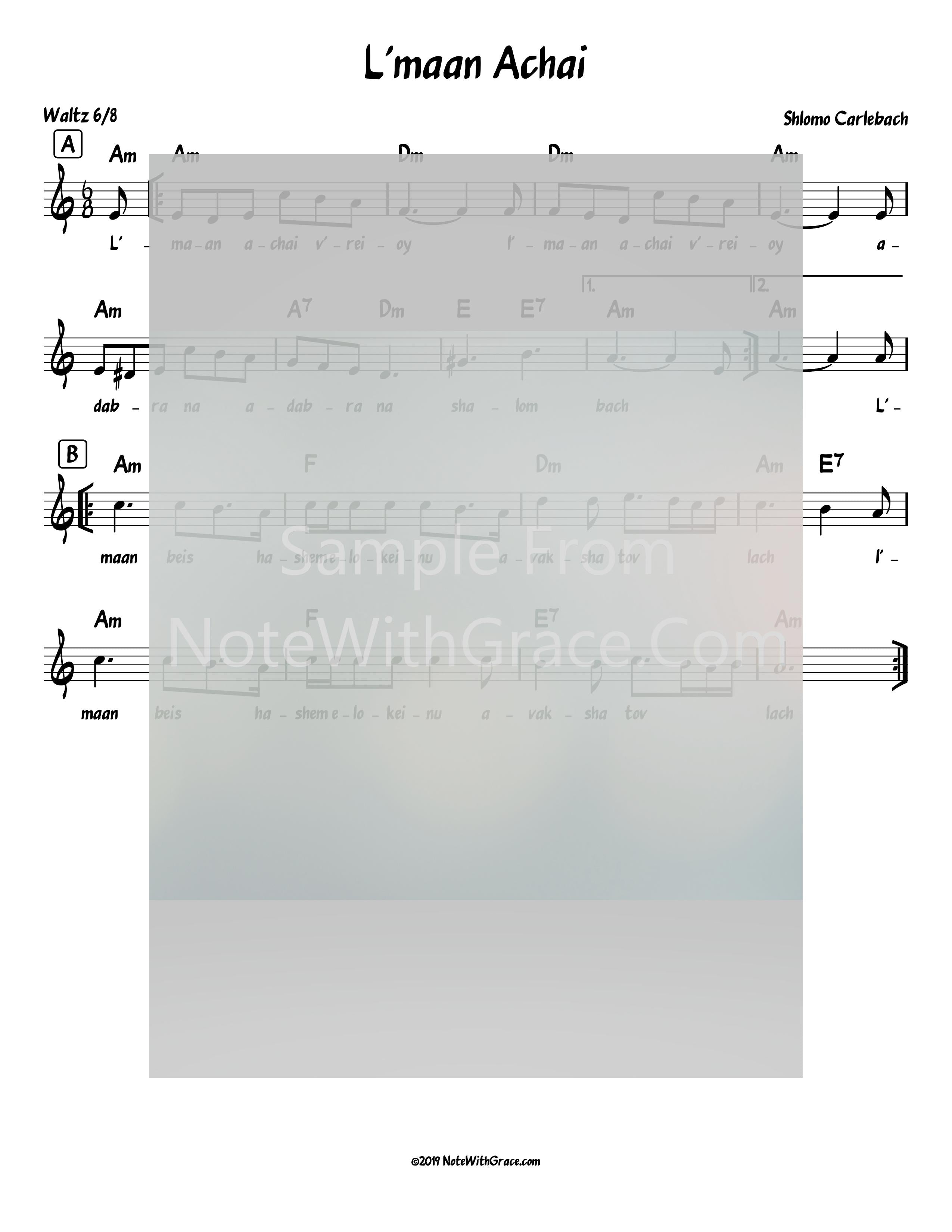 L'maan Achai Lead Sheet (Shlomo Carlbach)-Sheet music-NoteWithGrace.com