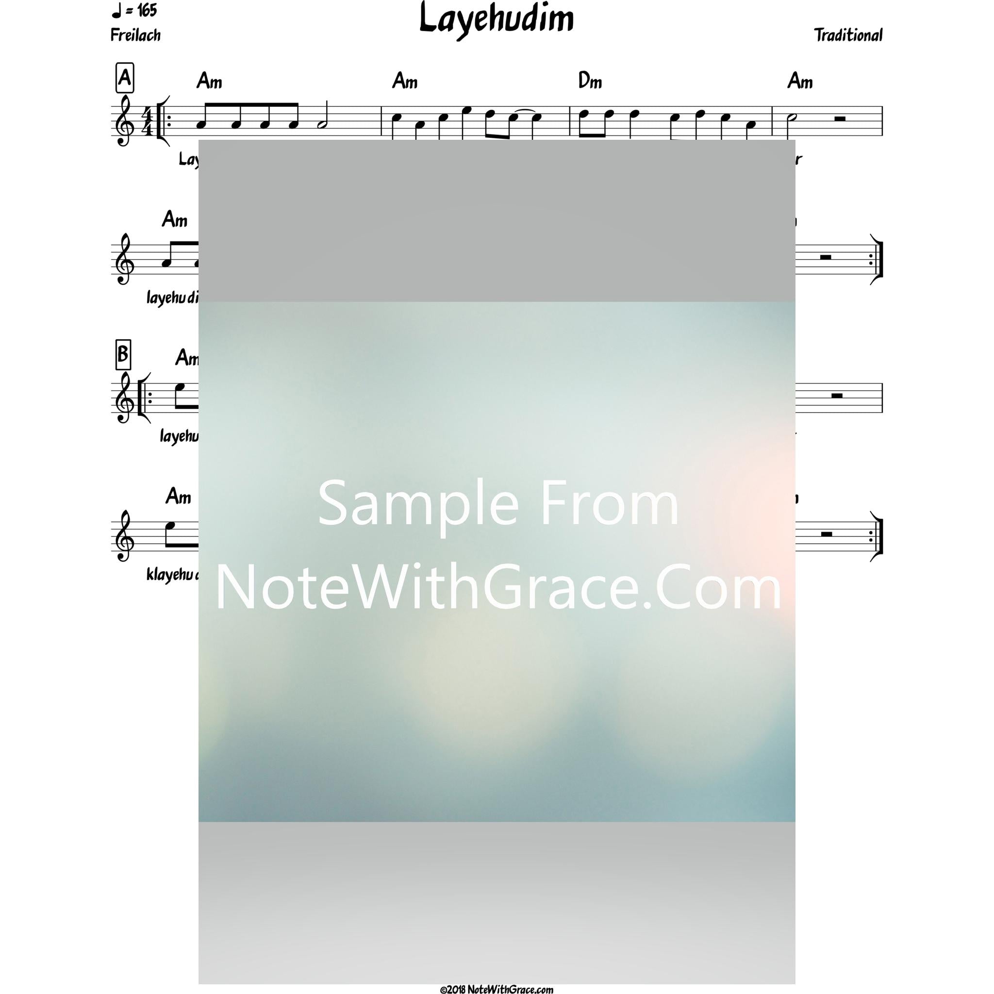 Layehudim Lead Sheet (Traditional) Purim-Sheet music-NoteWithGrace.com