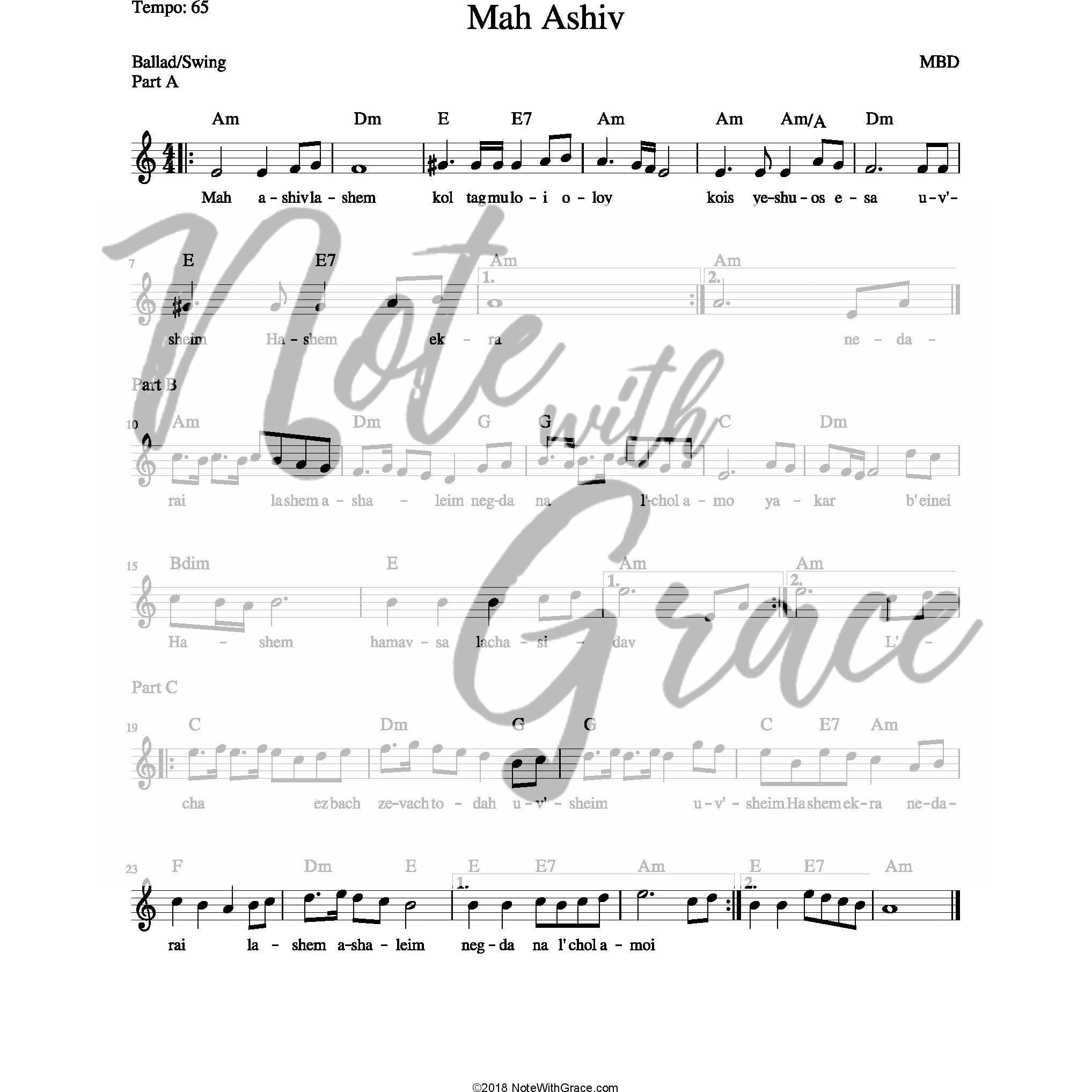 Mah Ashiv Lead Sheet (MBD)-Sheet music-NoteWithGrace.com