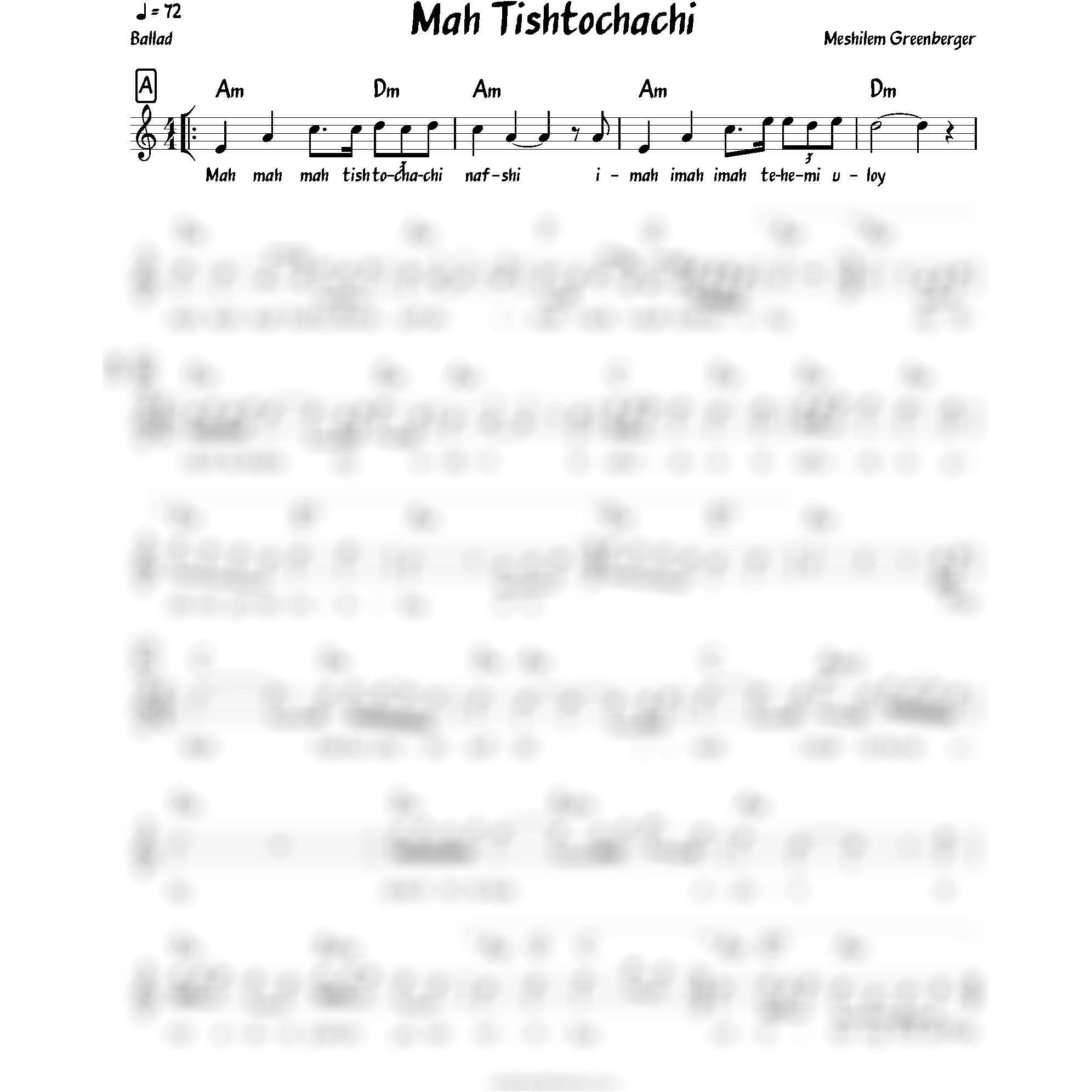Mah Tishtoichachi Lead Sheet (Meshilem Greenberger)-Sheet music-NoteWithGrace.com