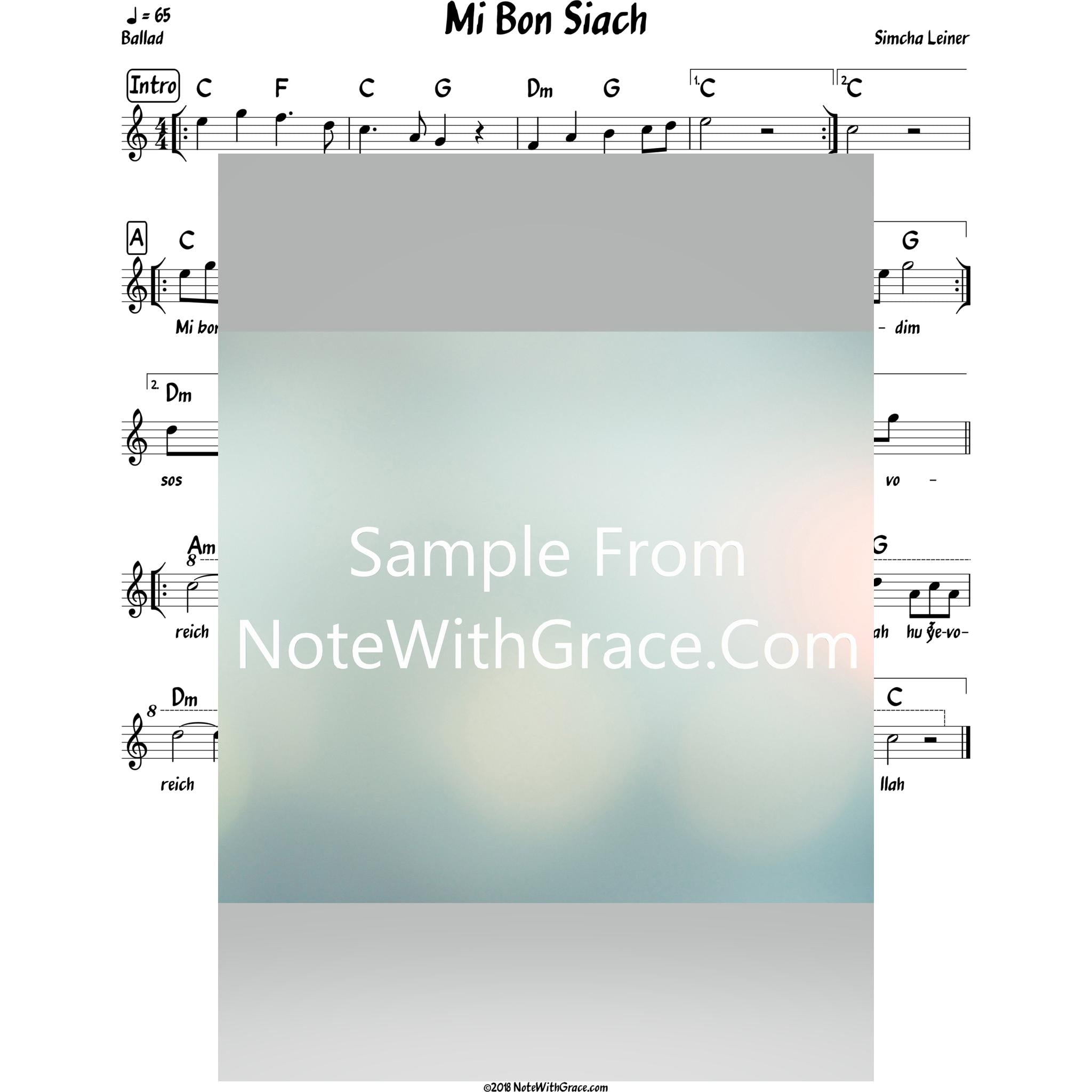 Mi Bon Siach Lead Sheet (Simchah Leiner) Album: Merakeid-Sheet music-NoteWithGrace.com