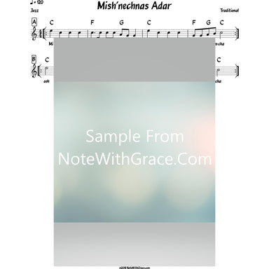 Mishenechnas Adar Lead Sheet (Traditional) Purim-Sheet music-NoteWithGrace.com