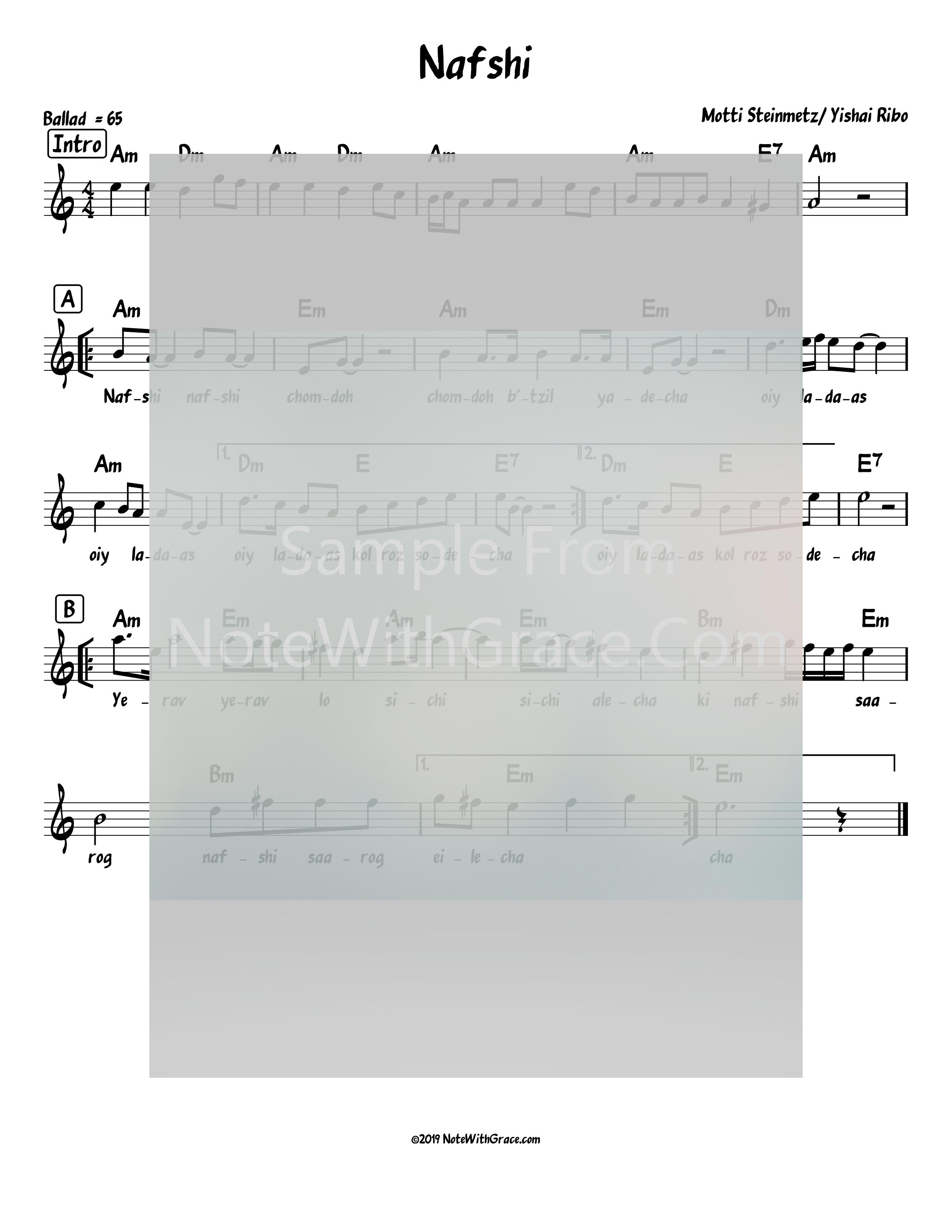 Nafshi Lead Sheet (Motti Steinmetz/ Yishai Ribo)-Sheet music-NoteWithGrace.com
