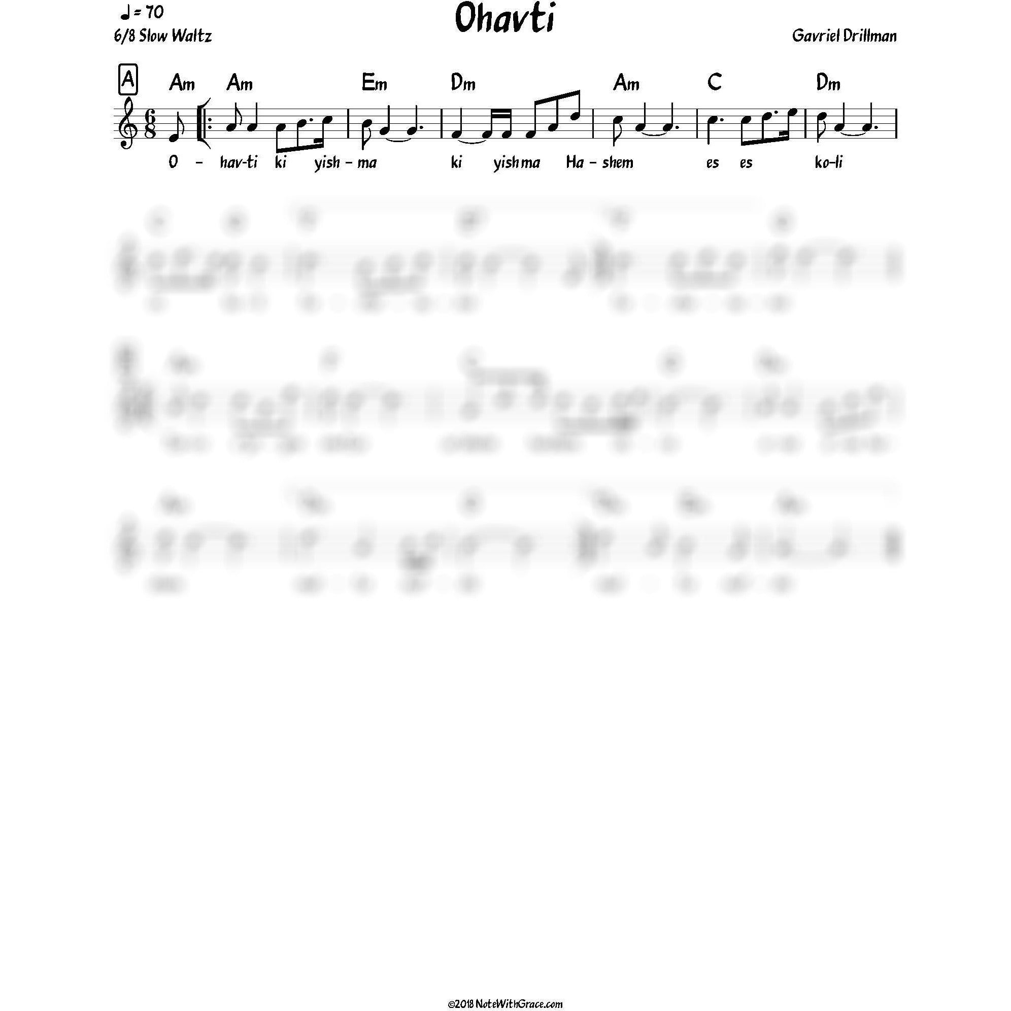 Ohavti Lead Sheet (Gavriel Drillman)-Sheet music-NoteWithGrace.com