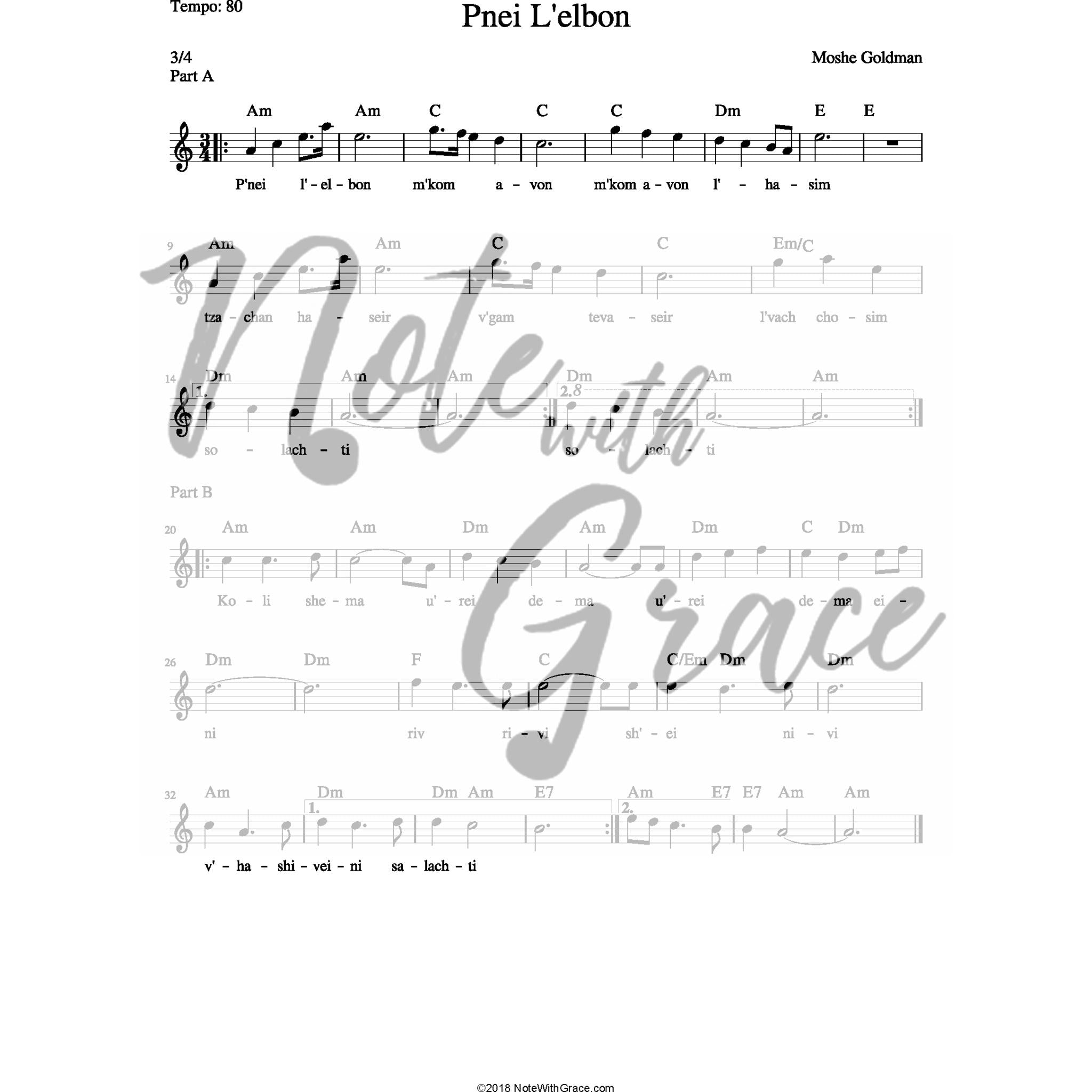 Pnei L'elbon Lead Sheet (Moshe Goldman)-Sheet music-NoteWithGrace.com