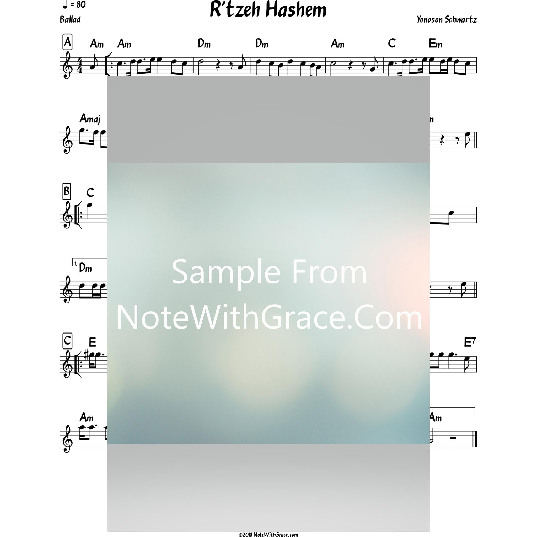 R'tzeh Hashem Elokeini Lead Sheet (Yonasan Schwartz) Album: In A Gitte Shu’uh-Sheet music-NoteWithGrace.com