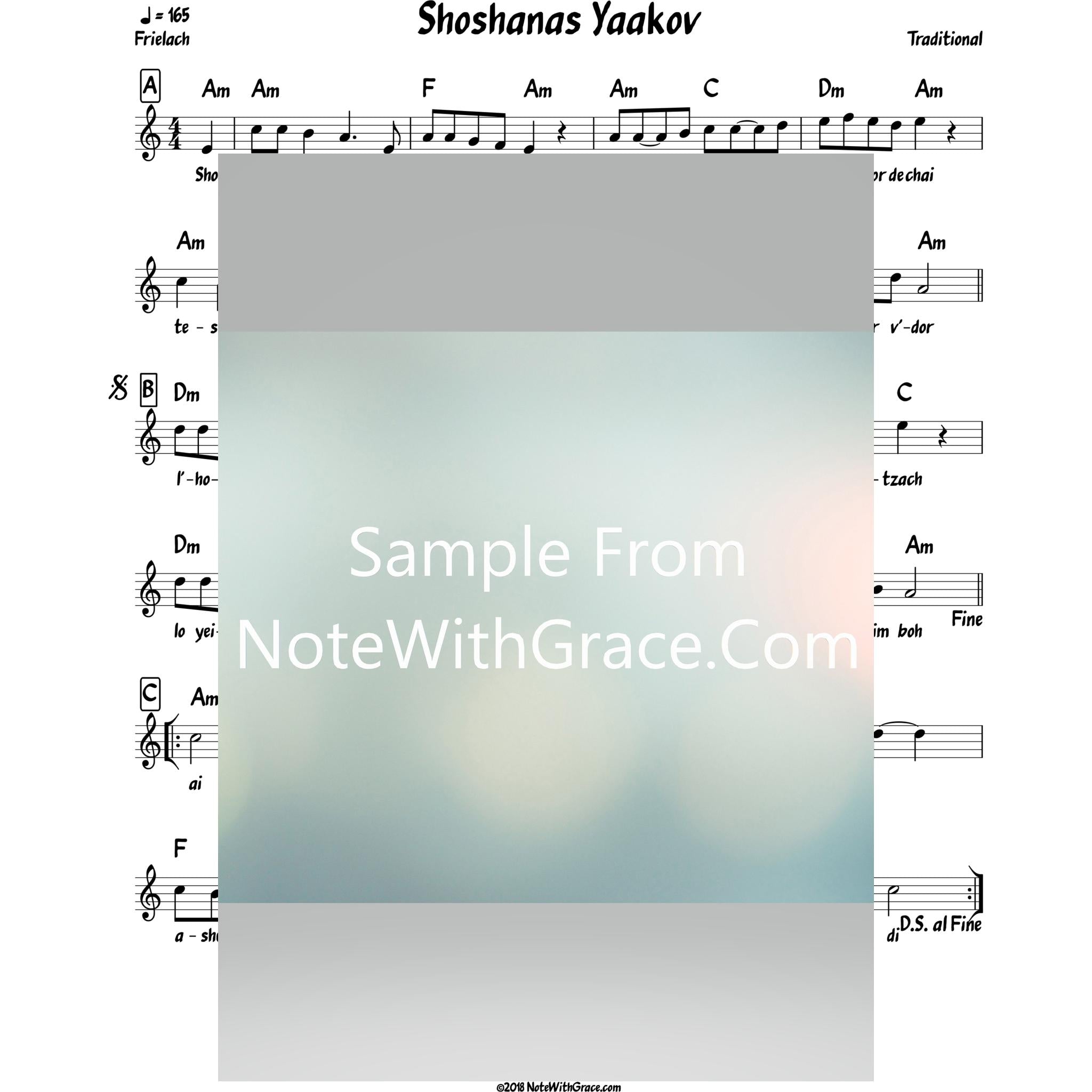 Shoshanas Yaakov Lead Sheet (Traditional) Purim-Sheet music-NoteWithGrace.com