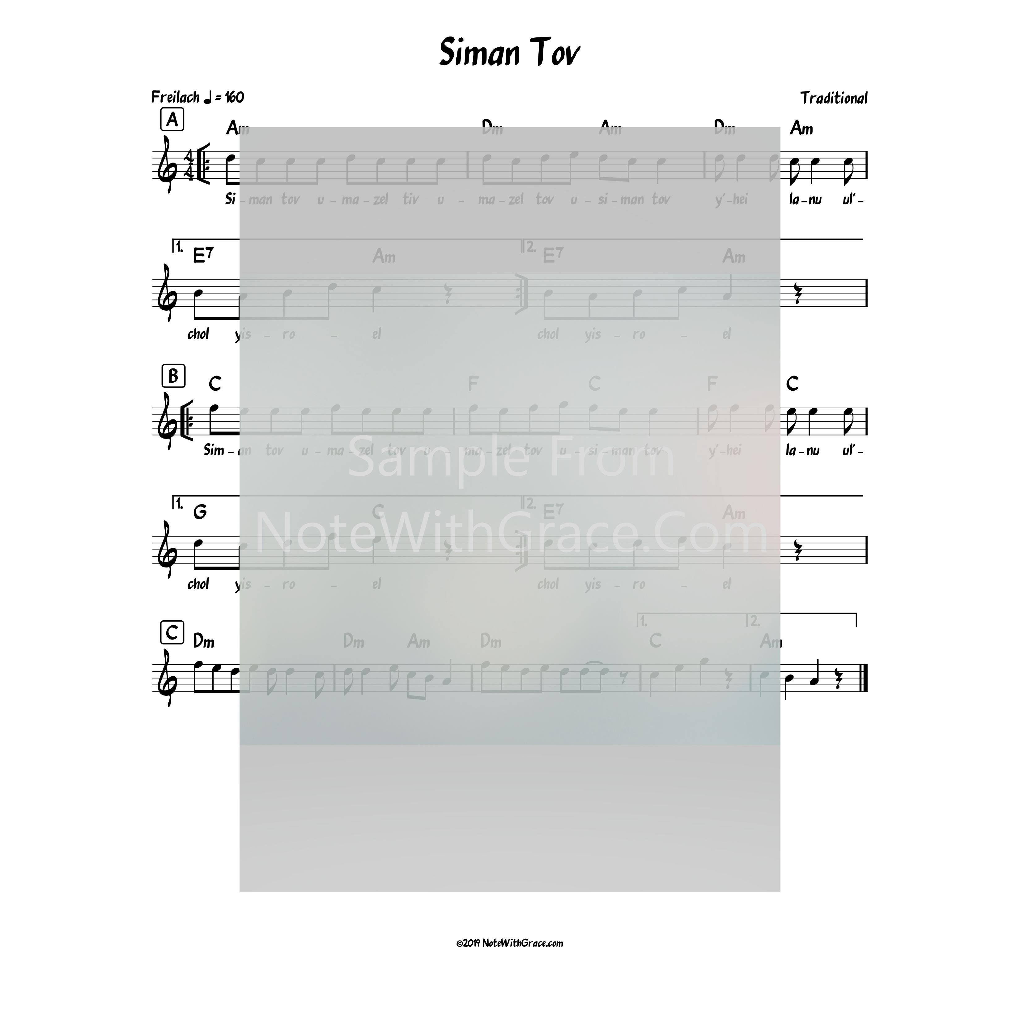Siman Tov Lead Sheet (Traditional)-Sheet music-NoteWithGrace.com