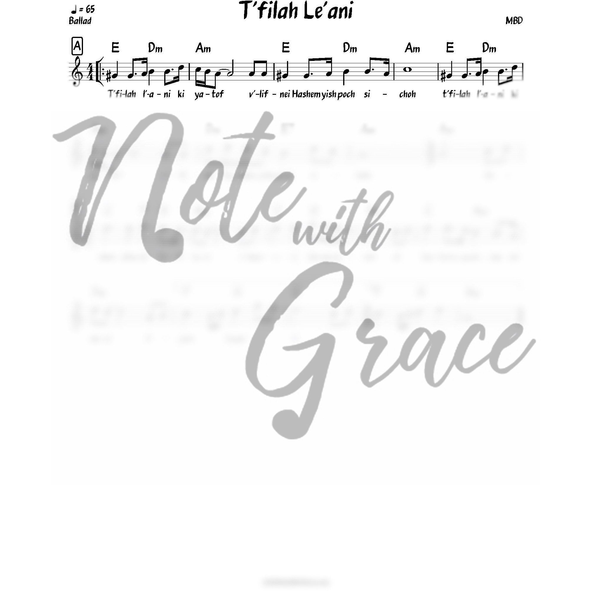 T'filah Le'ani Lead Sheet (MBD)-Sheet music-NoteWithGrace.com