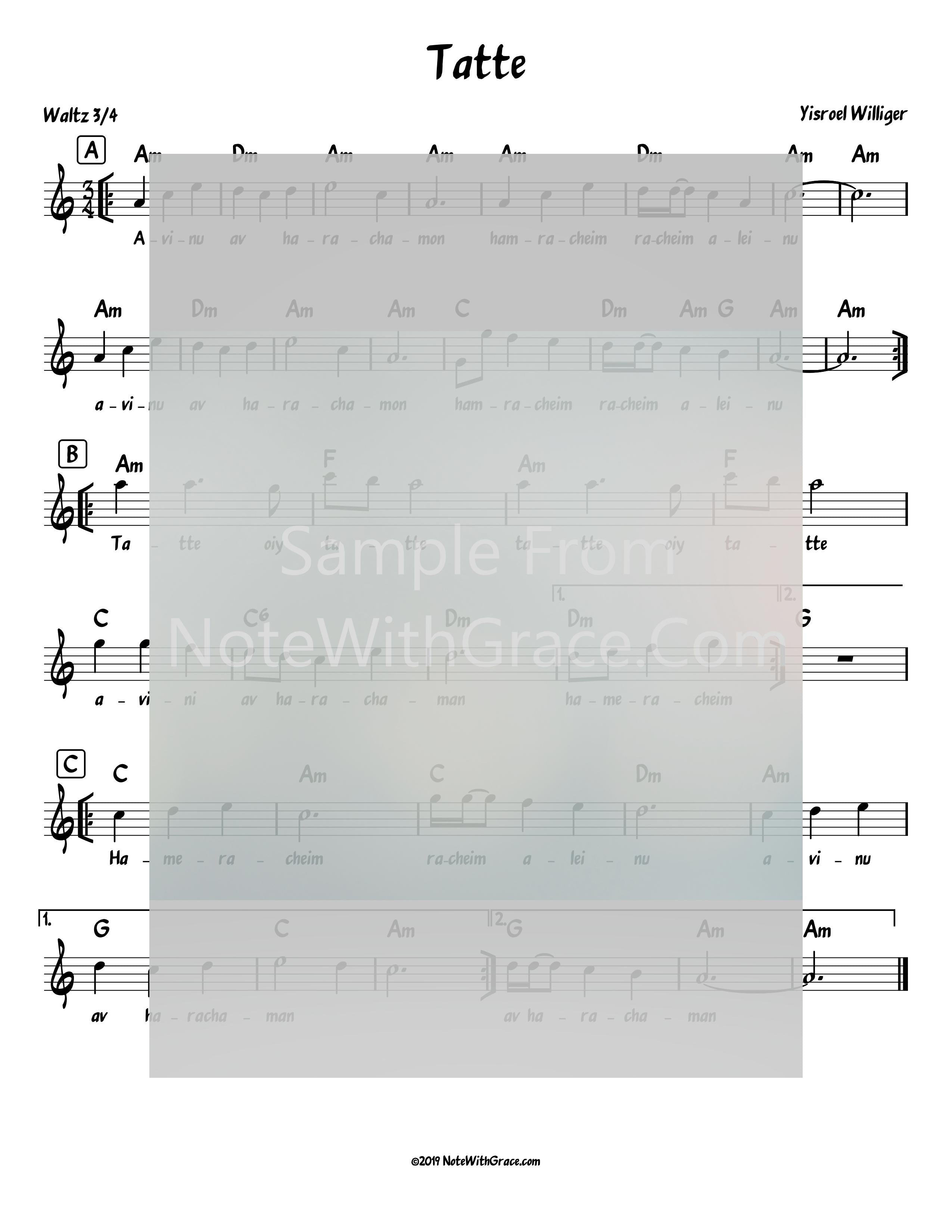 Tatte Lead Sheet (Yisroel Williger) The Voice of a New Generation - 1995-Sheet music-NoteWithGrace.com