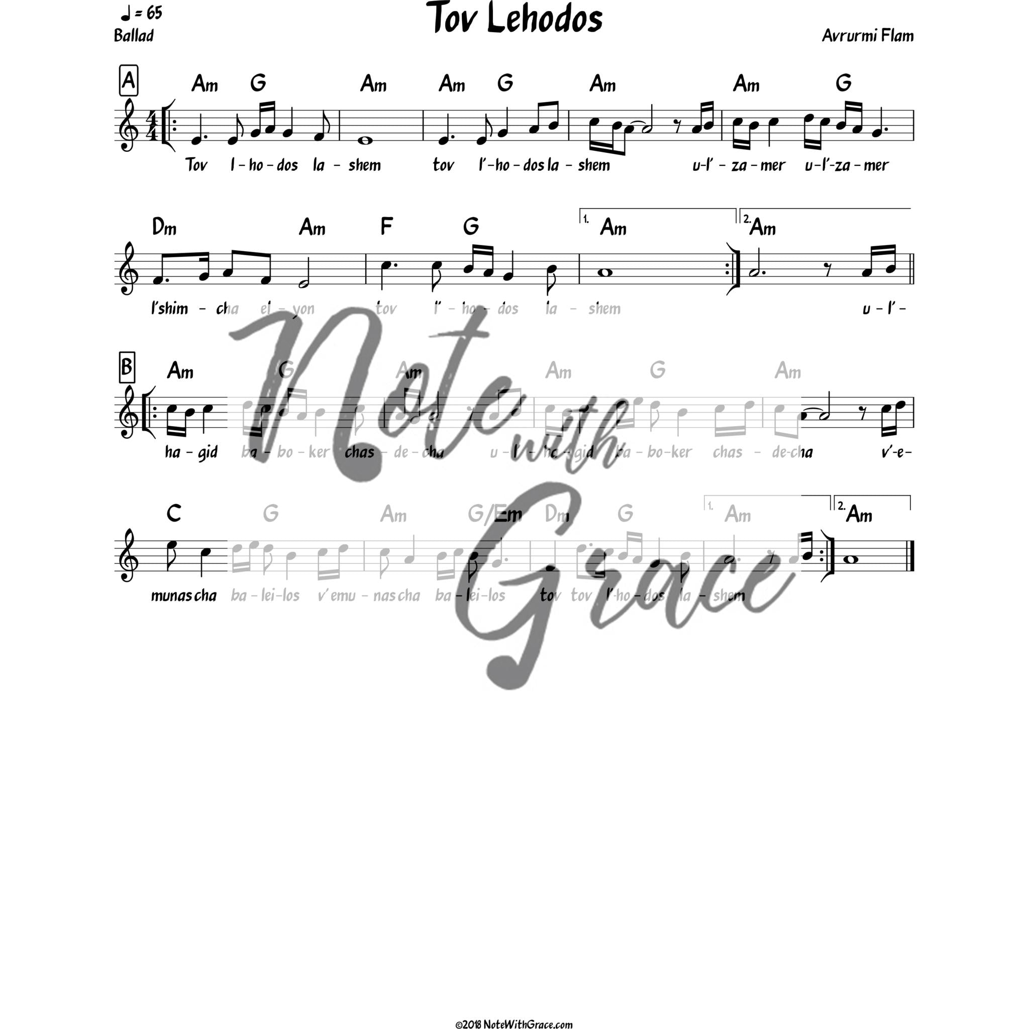 Tov Lehodos Lead Sheet (Avrumi Flam)-Sheet music-NoteWithGrace.com
