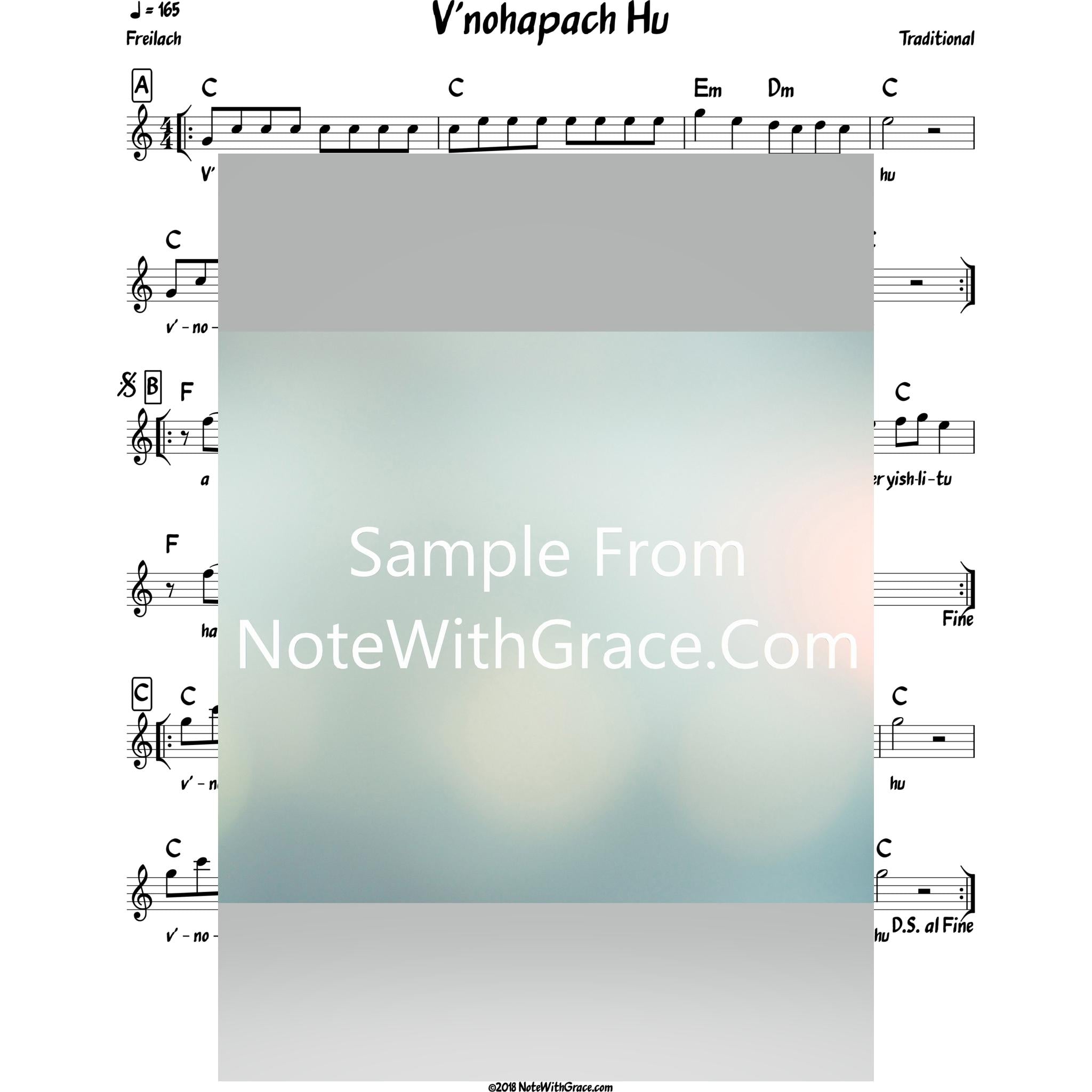 V'nahapoch Hu Lead Sheet (Traditional) Purim-Sheet music-NoteWithGrace.com