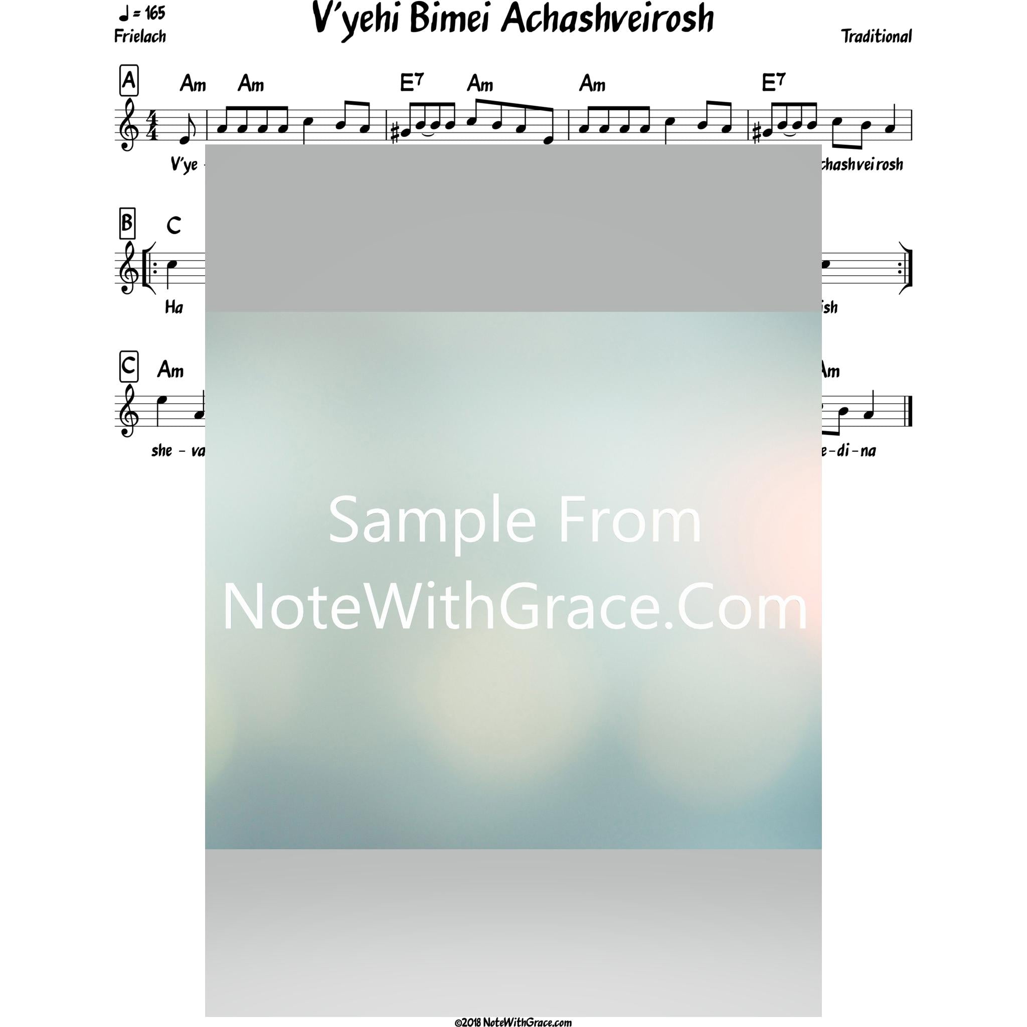 V'yehi Bimei Achashveirosh Lead Sheet (Traditional) Purim-Sheet music-NoteWithGrace.com