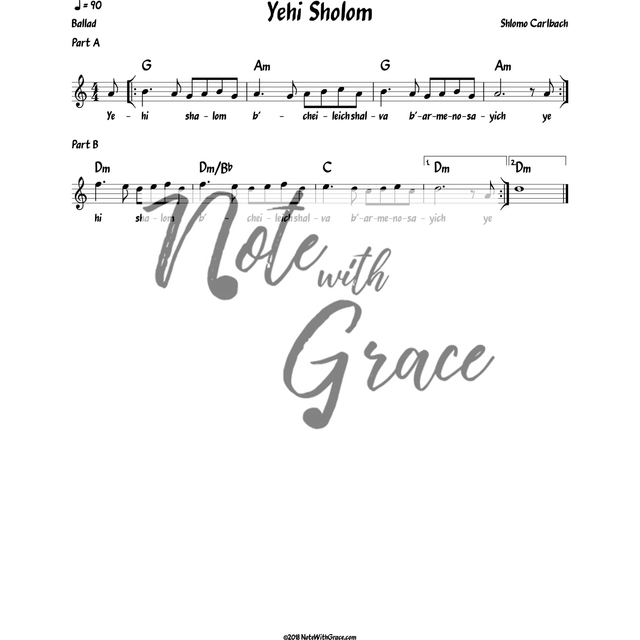 Yehi Sholom Lead Sheet (Shlomo Carlbach)-Sheet music-NoteWithGrace.com